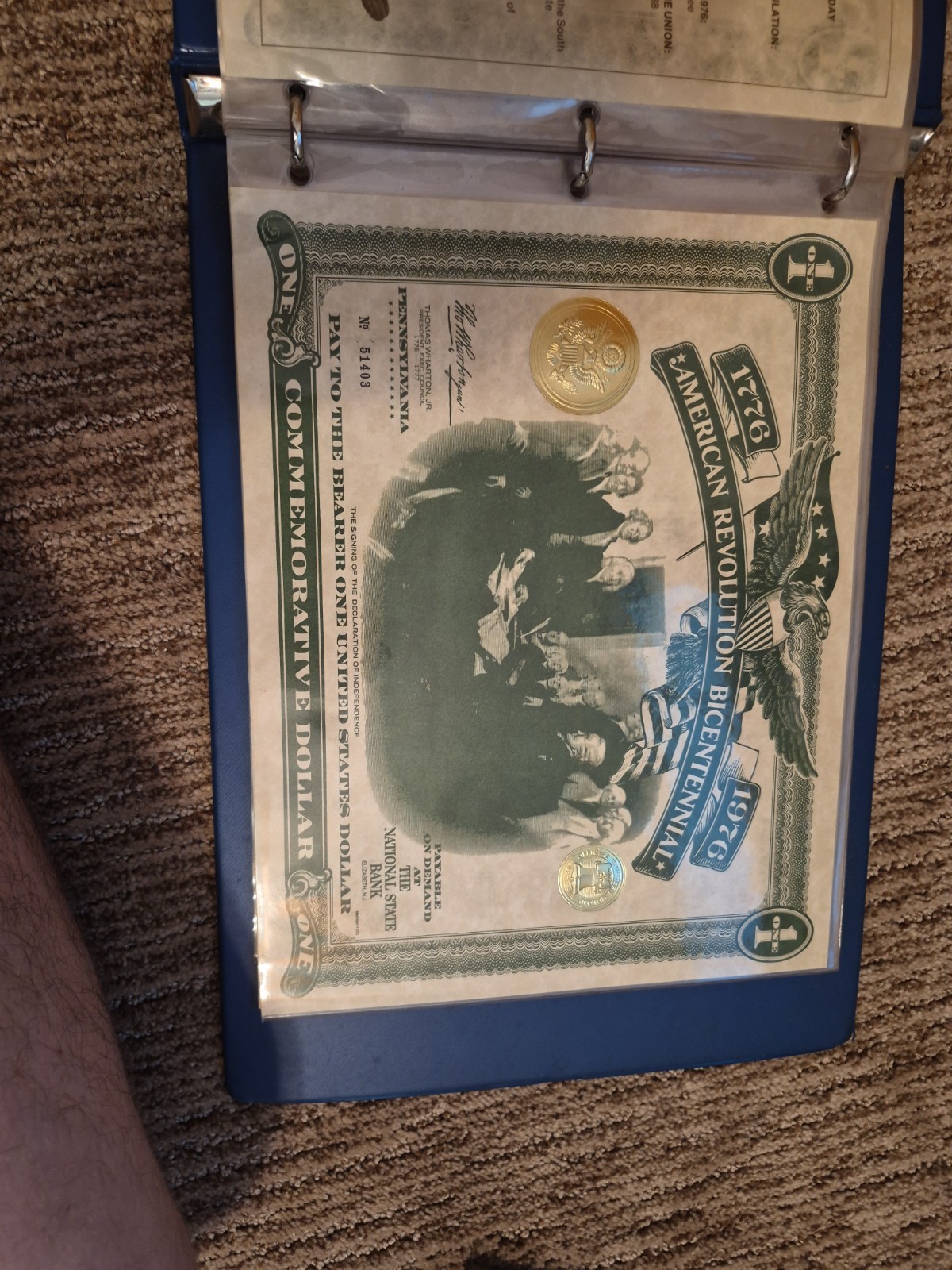 American Revolution Bicentennial Commemorative Dollar Certificate NY 1976