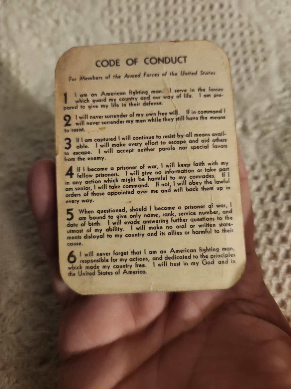 Vintage U.S. Armed Forces Code Of Conduct Pocket Card