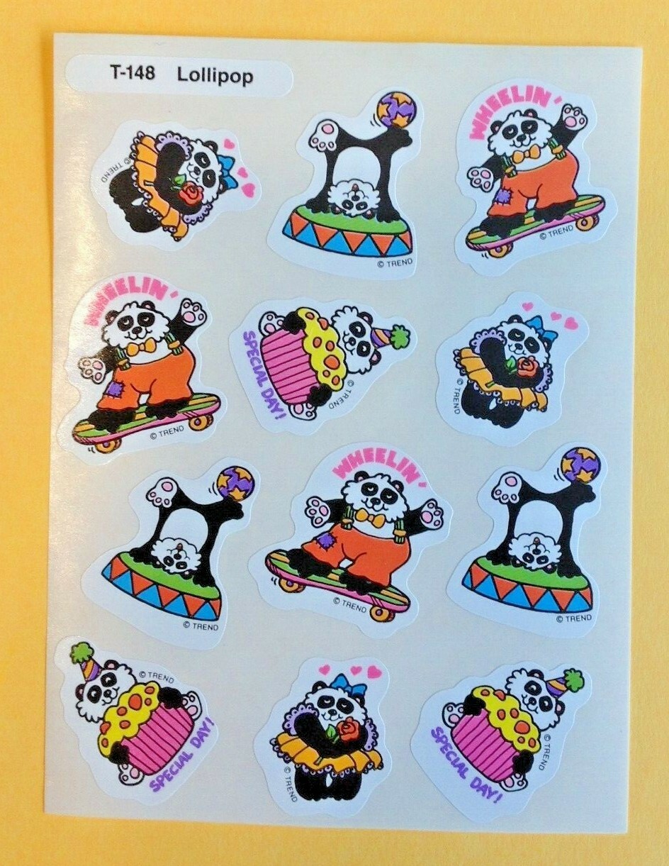 VTG TREND Scratch & Sniff Stinky Sticker Sheet Die Cut LOLLIPOP Scent Panda Bear