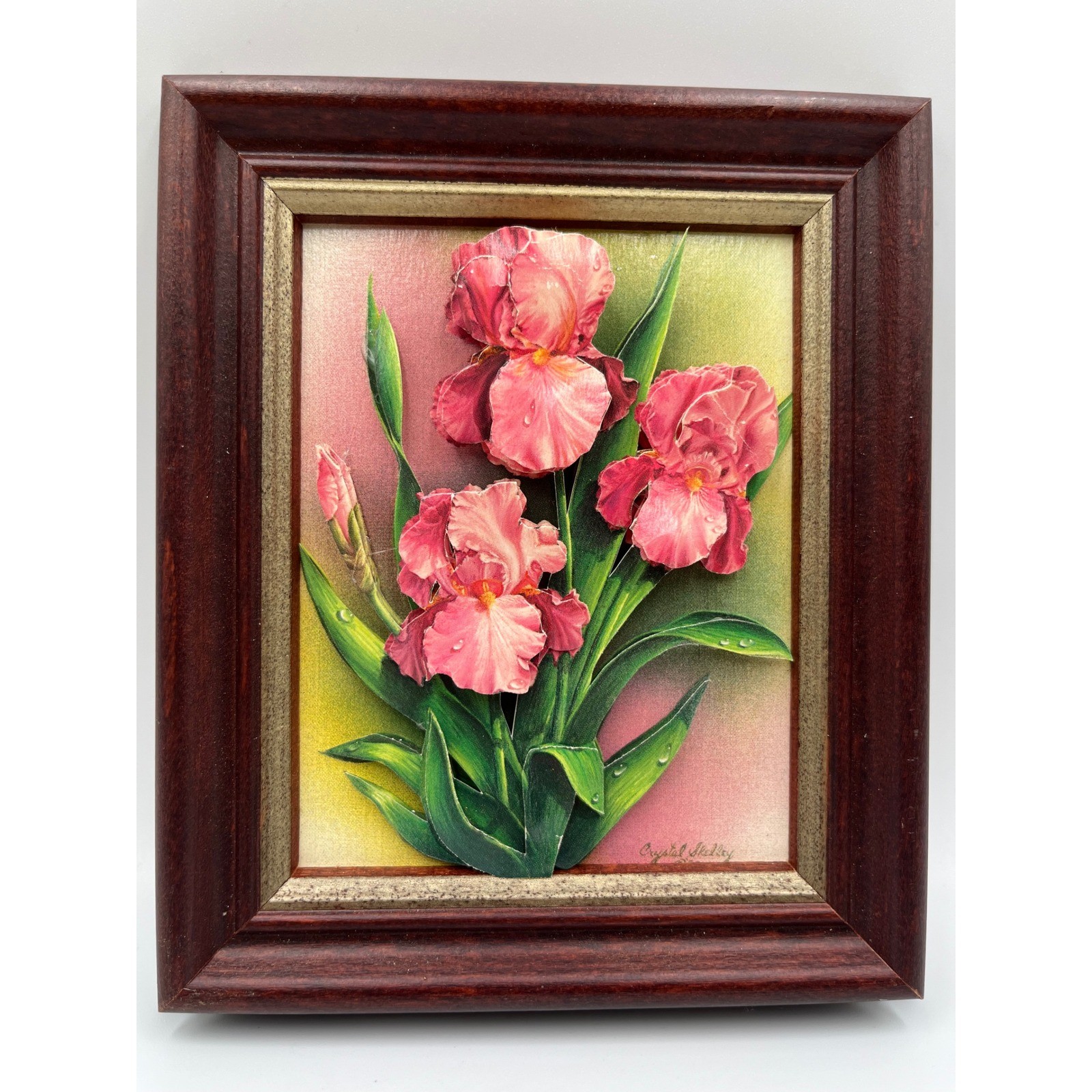 Rare Handmade 3D layered Paper Art 1989 “Pink IRIS” Signed By Crystal Skelley
