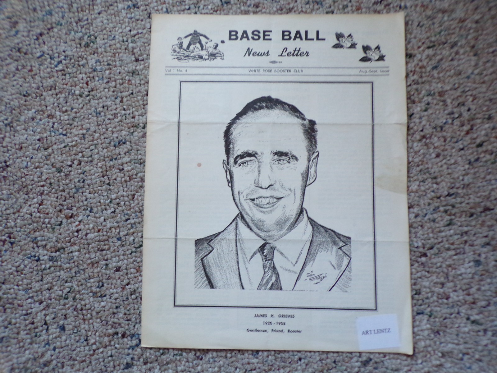 1958 Baseball White Rose Booster Club York PA News Letter Jim Grieves Vol 1 No 4