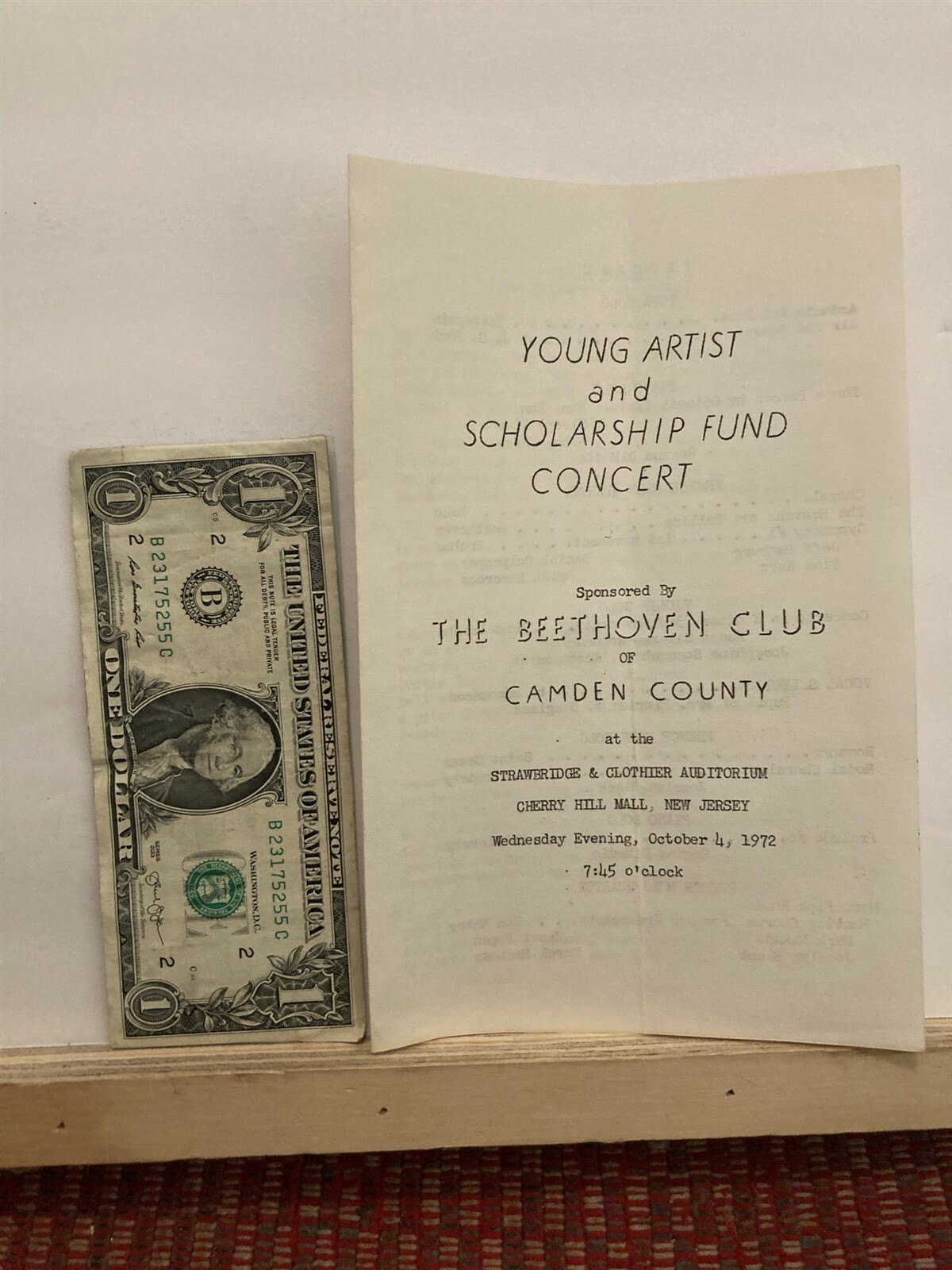 1972 Beethoven Club of Camden Cherry Hill Mall Concert Program New Jersey NJ Vtg