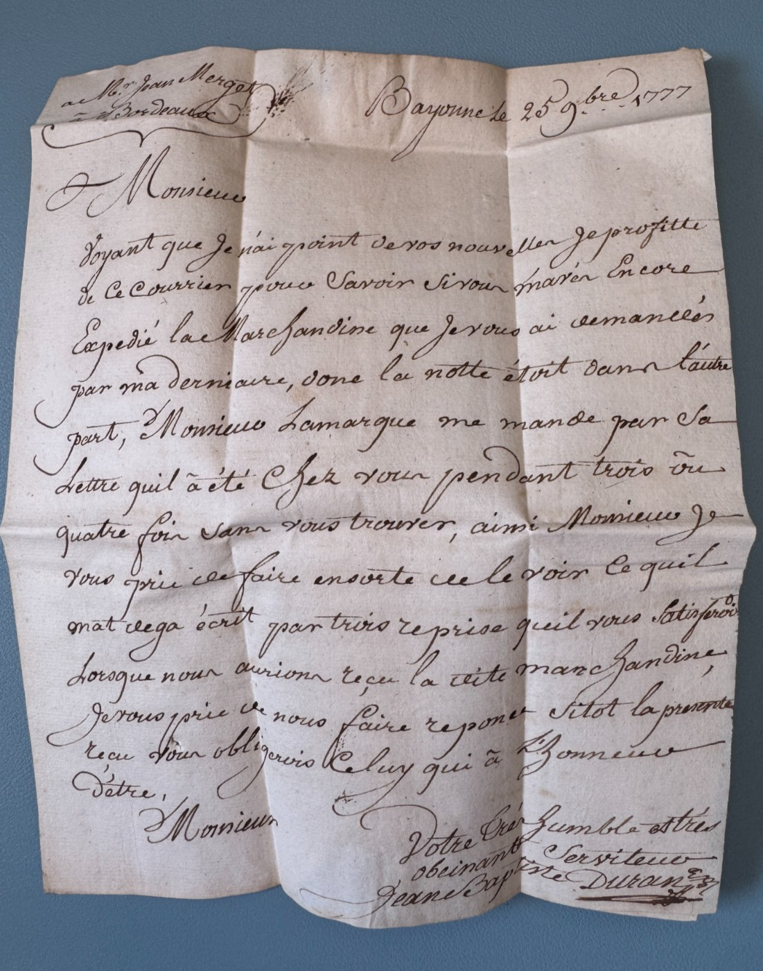 1777 Letter Bayonne Bordeaux Jean Merget Seal Wax Vitrine Commerce