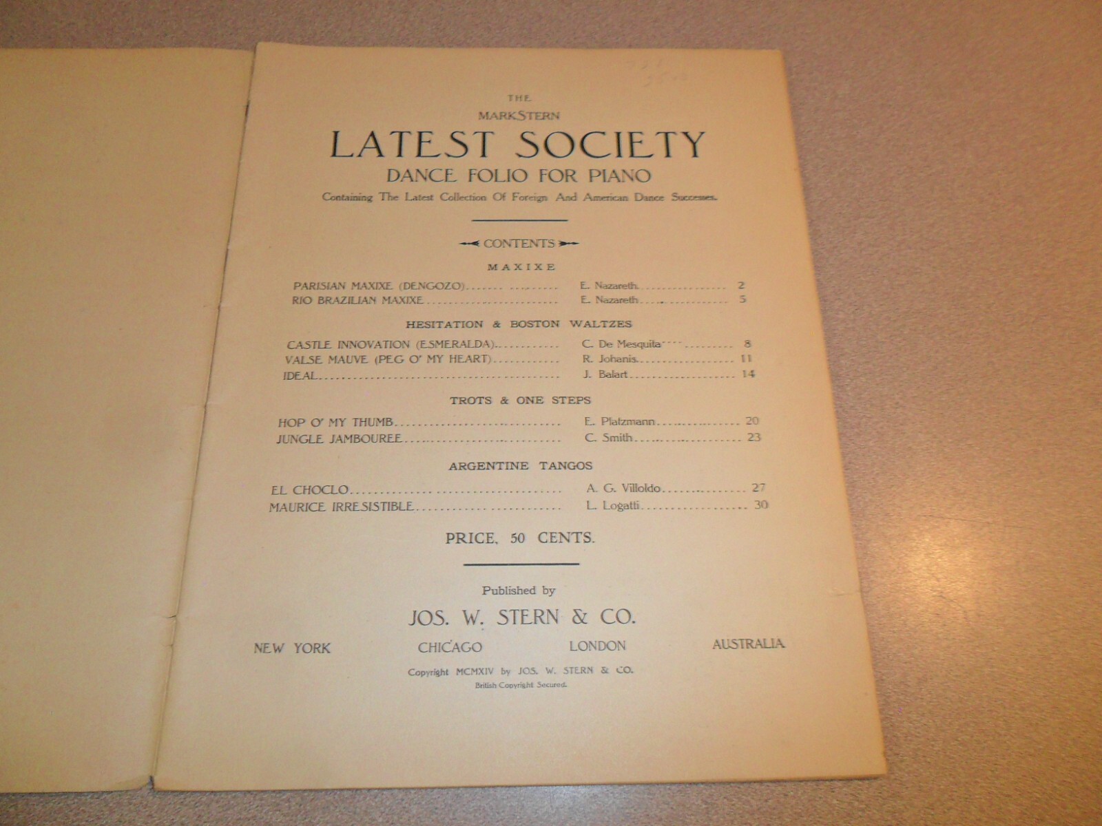 1914 CASTLE SOCIETY DANCE FOLIO For Piano Vintage Music Book, 9 Songs, 32 pages