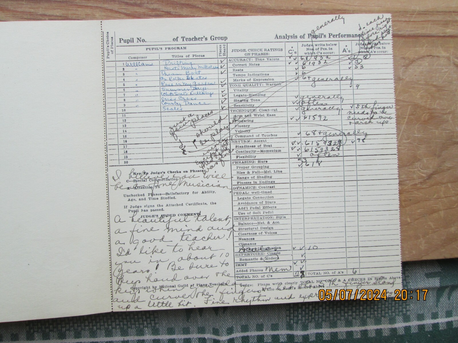 National piano playing auditions certificate& Pupil’s Report Card 1958