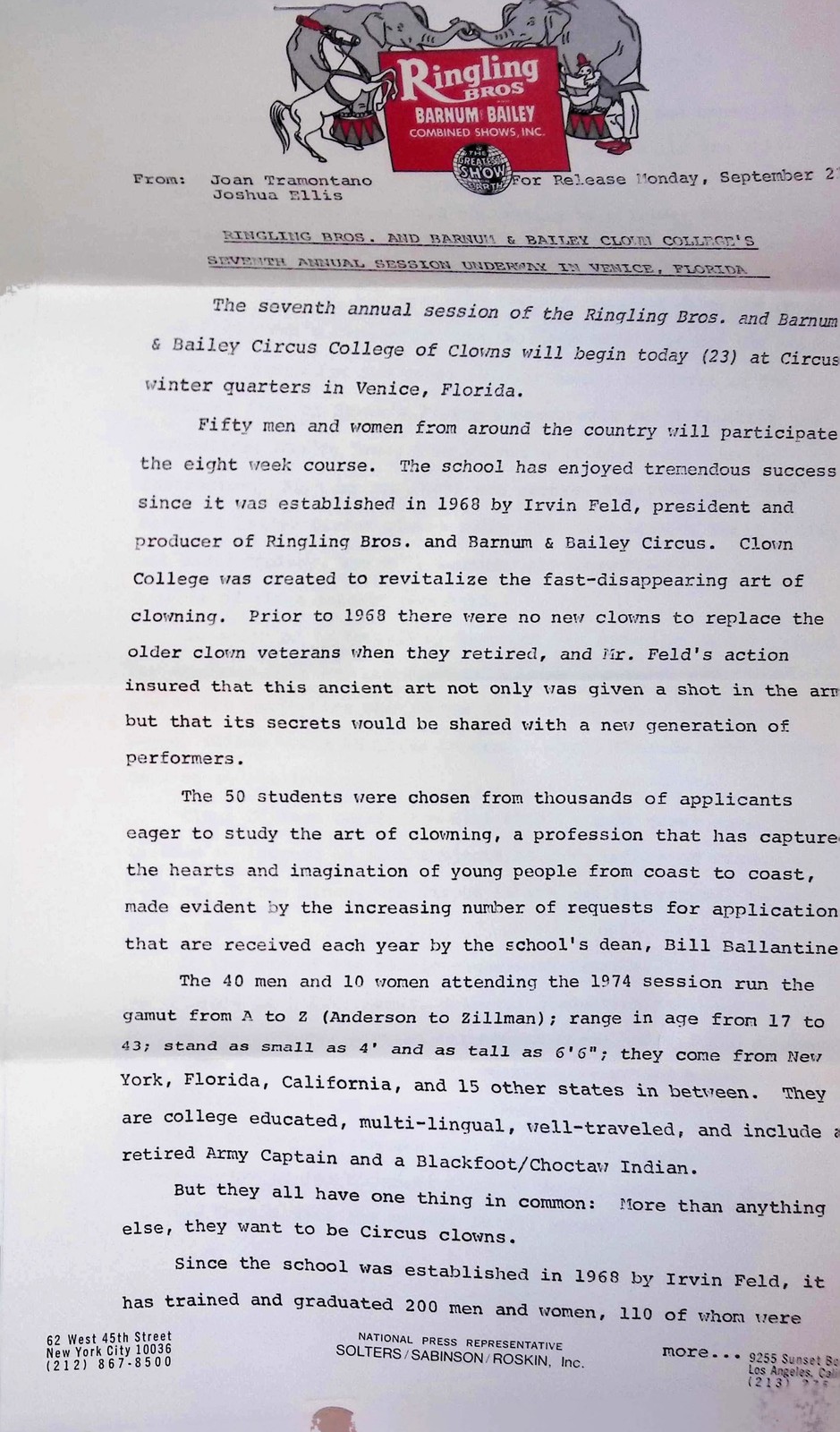 Ringling Bros Barnum & Bailey Circus Press Release 1974 Clown College Venice FL
