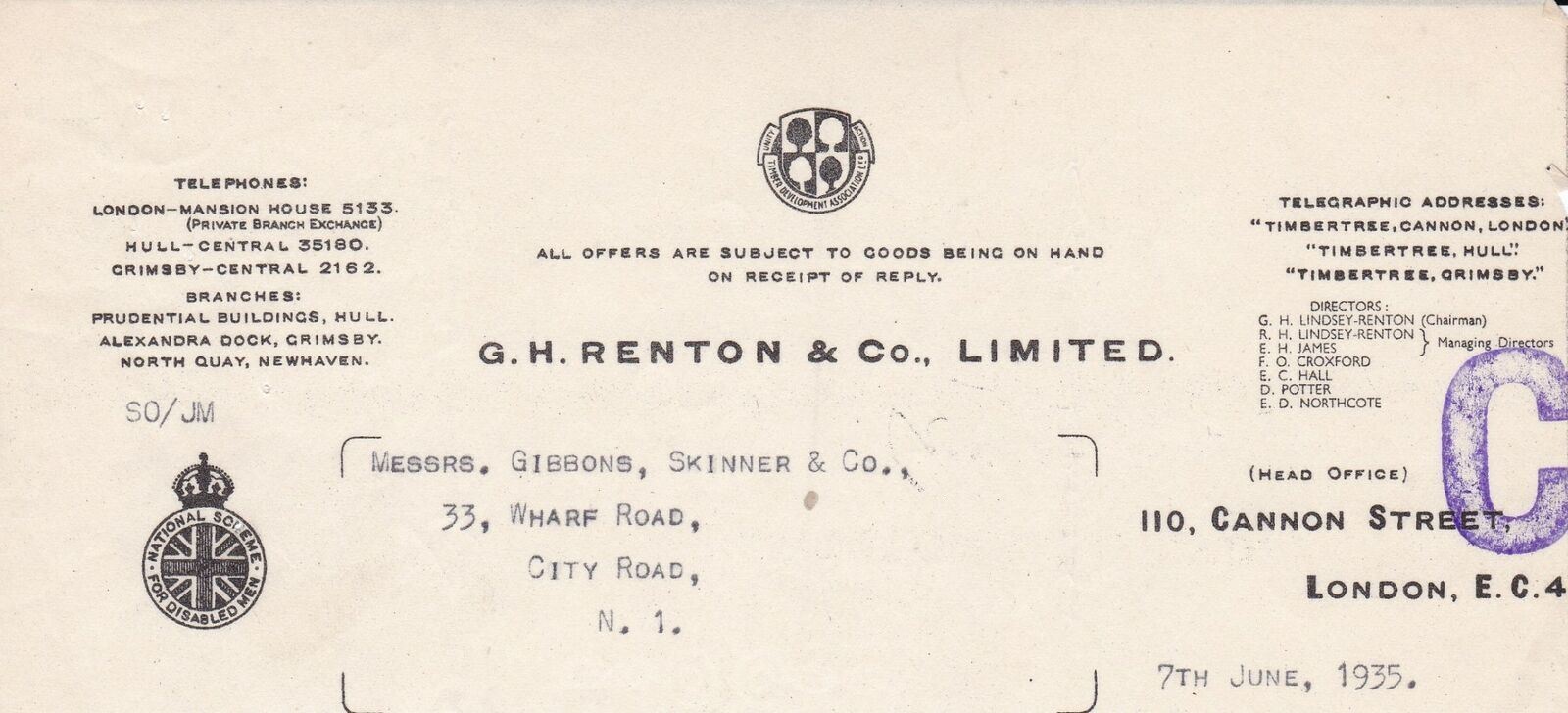 G. H. RENTON & CO,,LTD. Timber Trees Logo London 1935 CUT LETTER HEAD Ref 48941