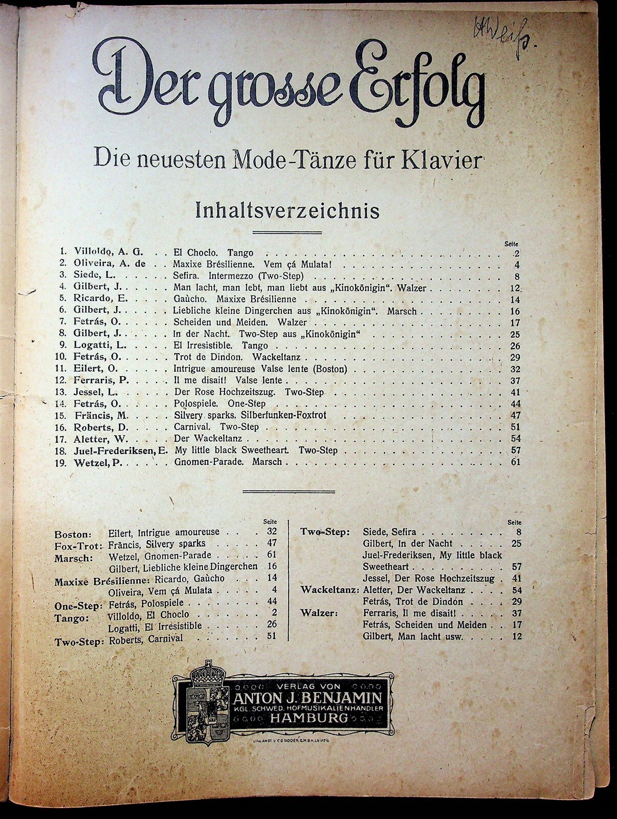 The Great Success Latest Fashion Dances For Piano German Song Folio 1920s