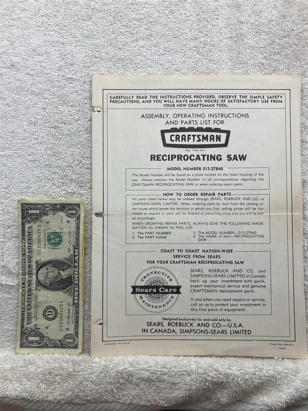 1986 Craftsman Sears Dual Speed Reciprocating Saw 900.271220 Owners Manual Vtg
