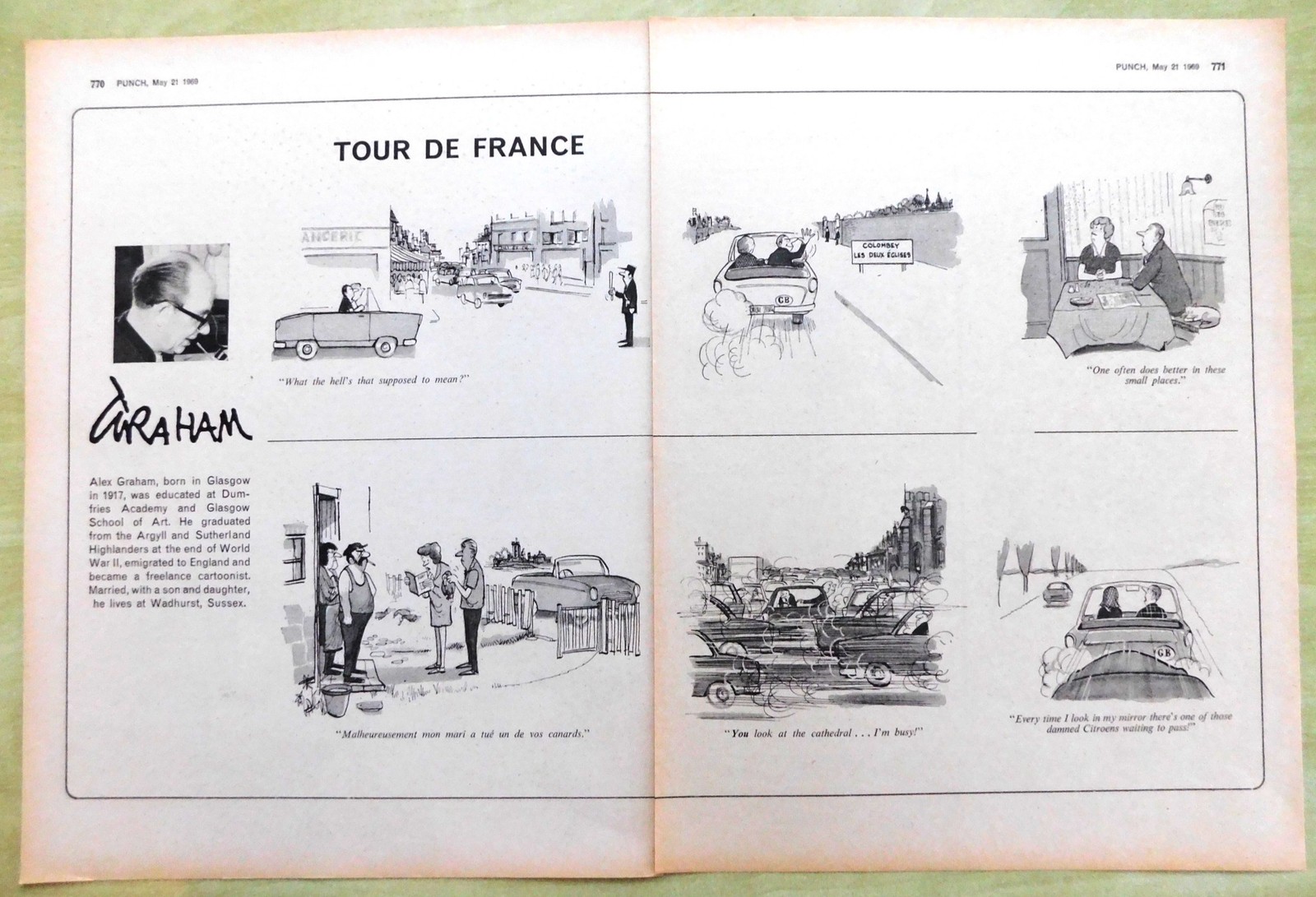 1969 Punch Cartoon “Tour de France” Original 2-Page GRAHAM Print Ephemera