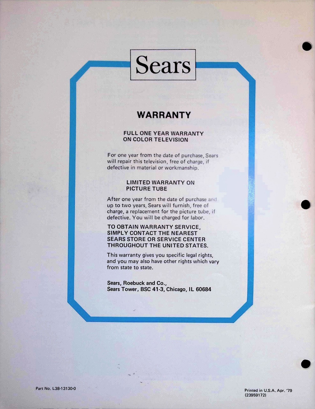 Sears Roebuck 1979 Color TV Sensor Touch OBC Manual Chicago Troubleshooting