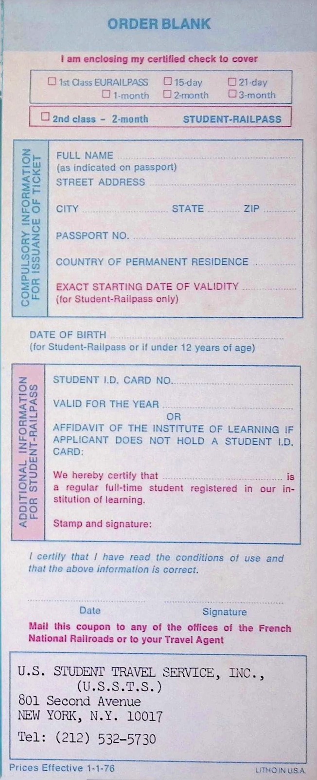 1970s Eurailpass Student Railpass Order Form French Rail Brochure Ephemera