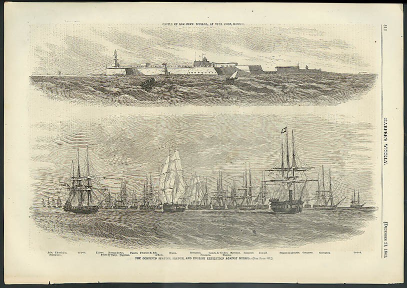 Spanish French English Expedition Ships v Mexico HARPER’S WEEKLY page 12/21 1861