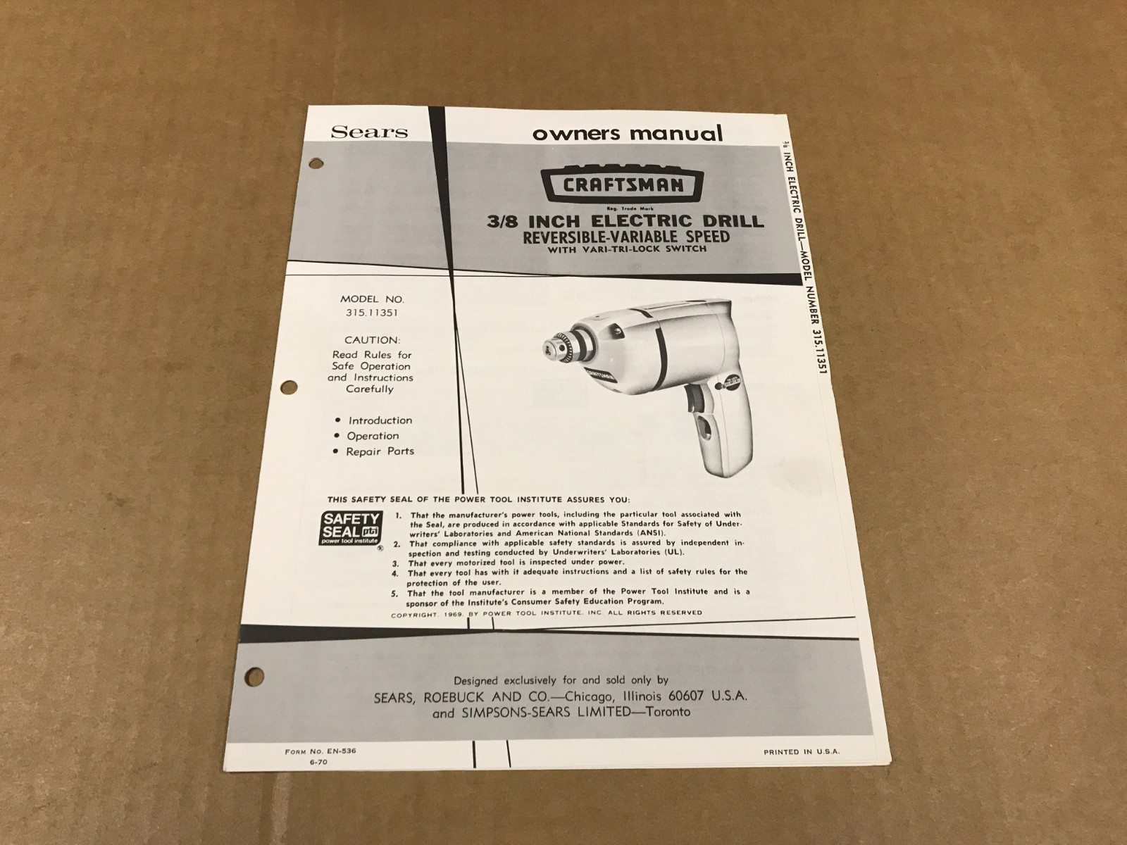 Vintage Sears Craftsman 3/8 Inch Electric Drill Owner’s Manual