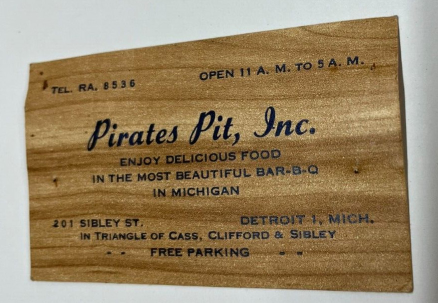 Vintage 1940s Pirates Pit, INC Business Card Bar-B-Q Detroit Michigan