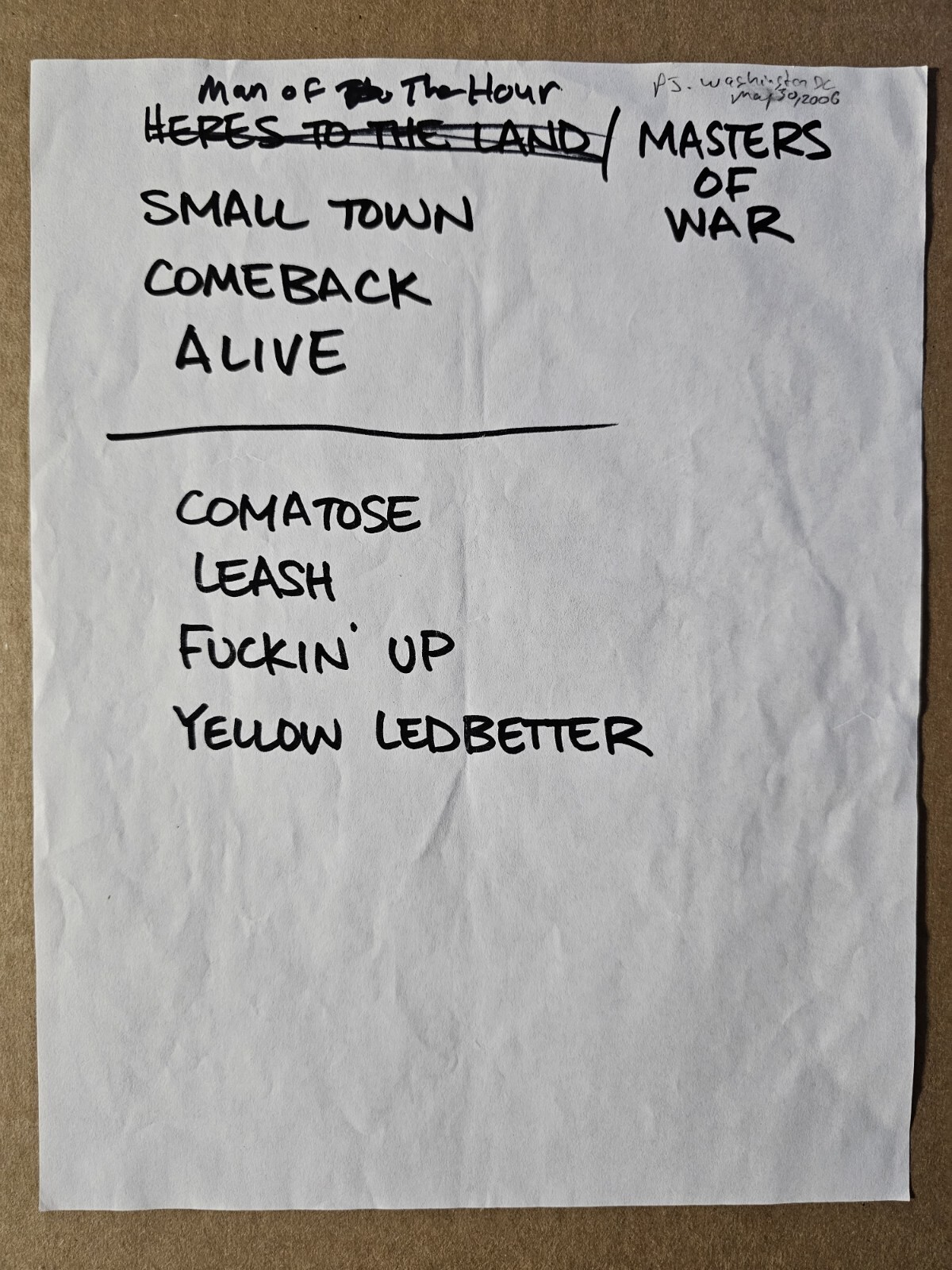 Eddie Vedder HAND WRITTEN Man Of The Hour Setlist Pearl Jam Concert ORIGINAL