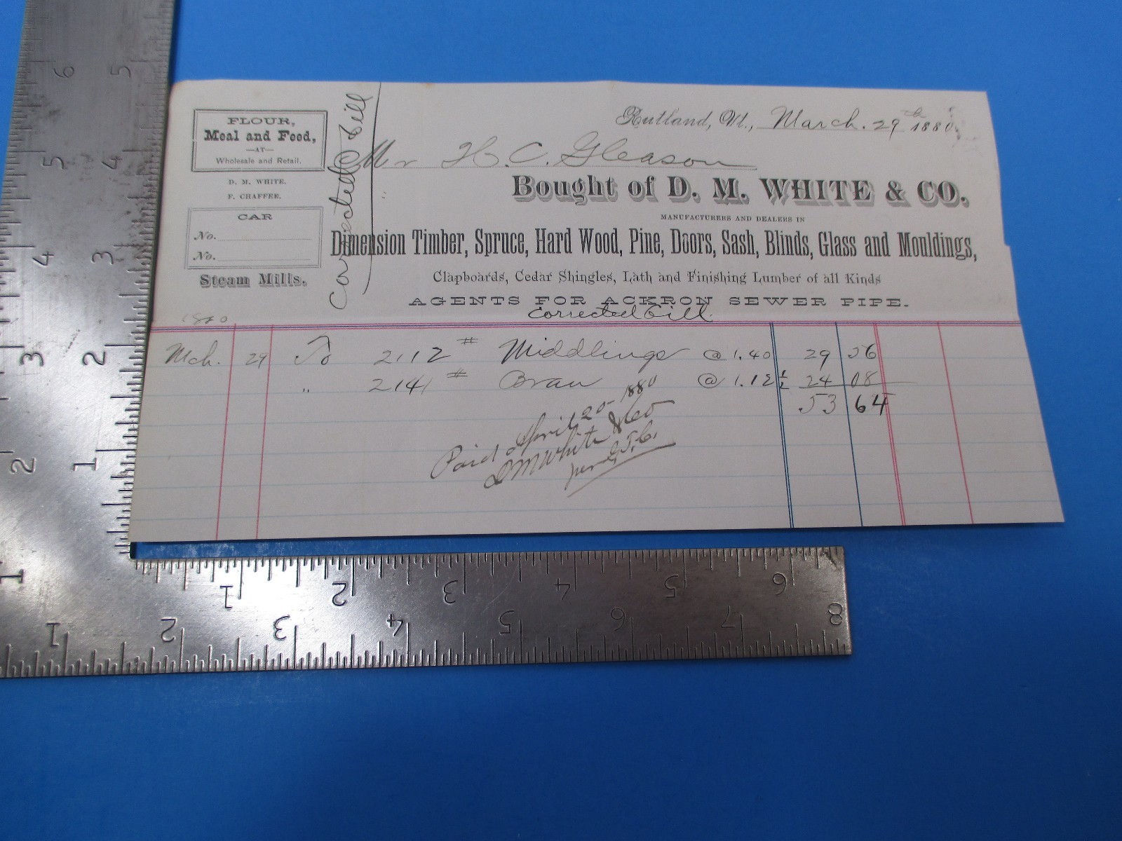 Antique 1880 D. M. White & Co. Timber Lumbar Invoice Rutland Vermont S6791
