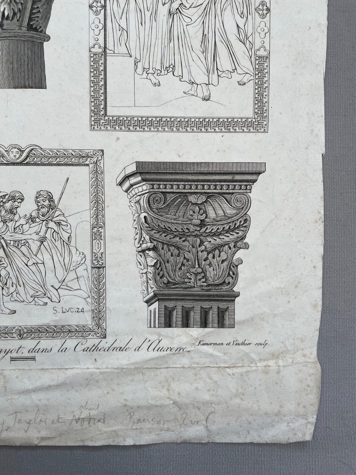 Antique Engraving, Tomb of Jacques Amyot in Auxerre Cathedral