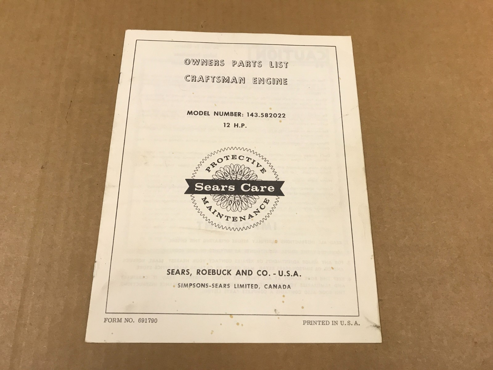 VTG Sears Care Owner’s Parts List For Craftsman Engine – Model #143.582022