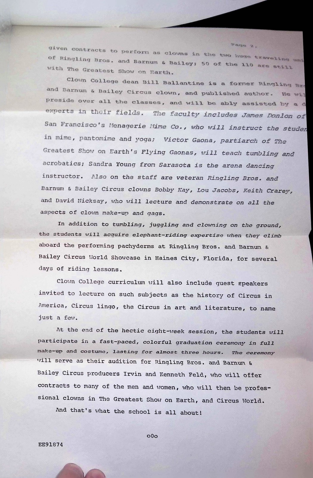 Ringling Bros Barnum & Bailey Circus Press Release 1974 Clown College Venice FL