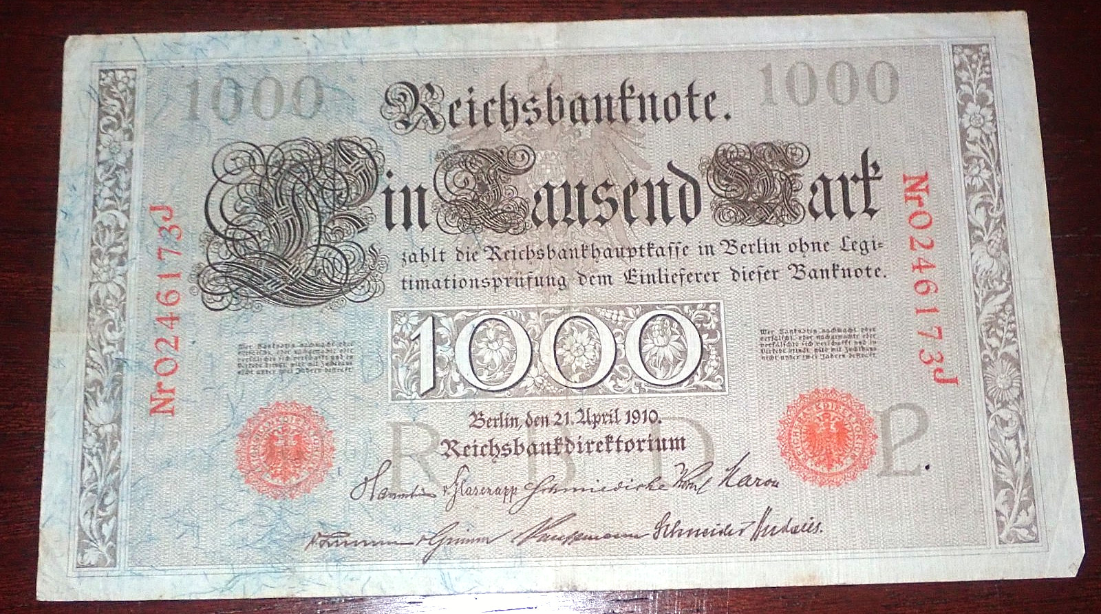 Antique German Bank Note 1910 Reichsbanknote 1000 Mark