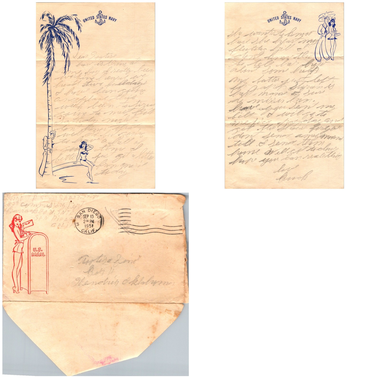 1951 US Navy Sailor Letter San Diego CA Pin-Up Envelope to Turtise Lord OK
