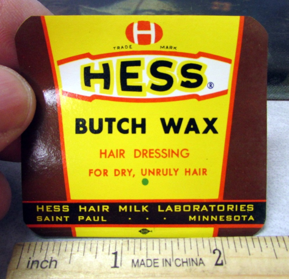 Vintage Original Label, 1950s Hess hair milk labs Minnesota, Butch Wax