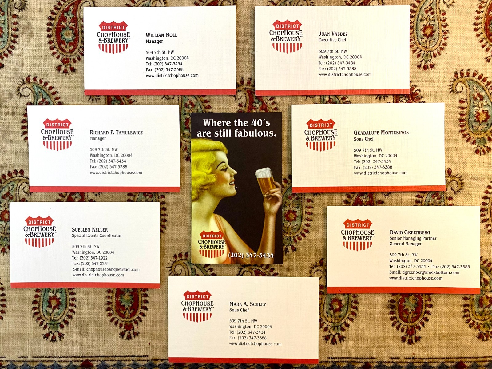 Collection of 8 Vintage Business Cards from District Chophouse & Brewery (c2002)