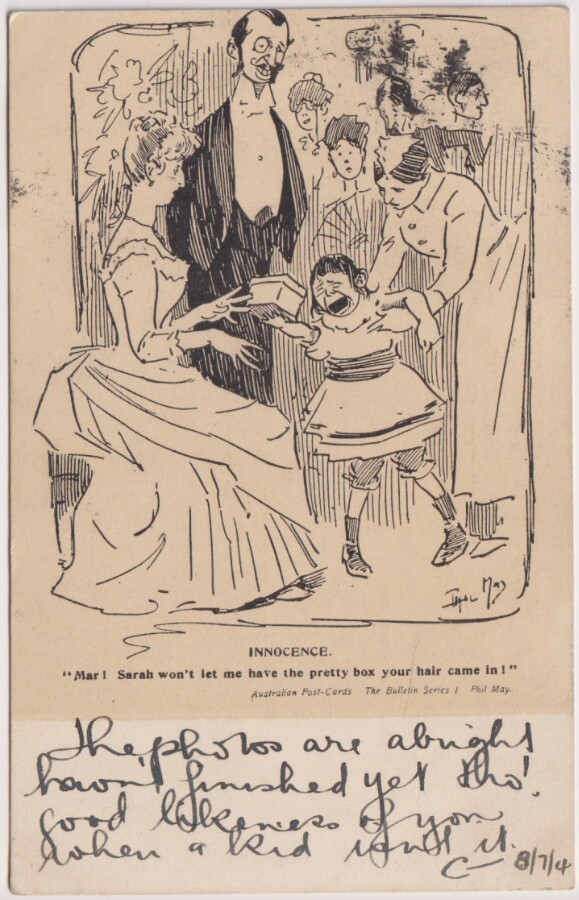 AUSTRALIA • 1905 • Humorous card by Phil May titled “INNOCENCE” by Bulletin