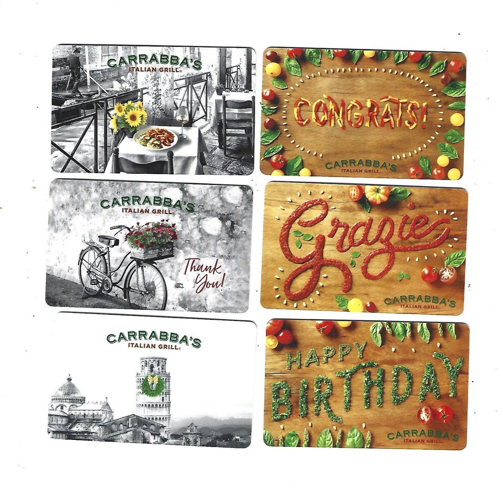 6 Carrabba’s Collectible Gift Cards No $ Value