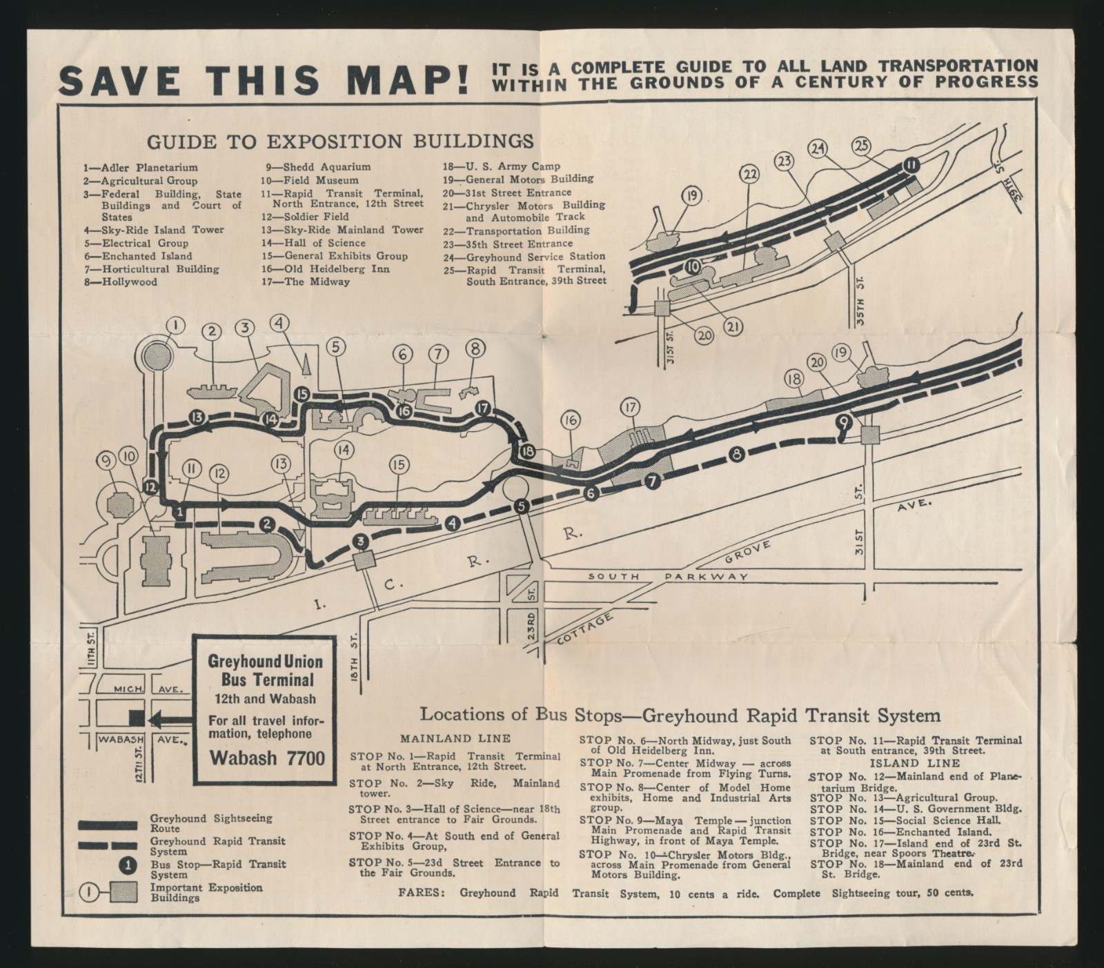 Greyhound Lines Bus Service Map 1933-34 Century of Progress Chicago World’s Fair