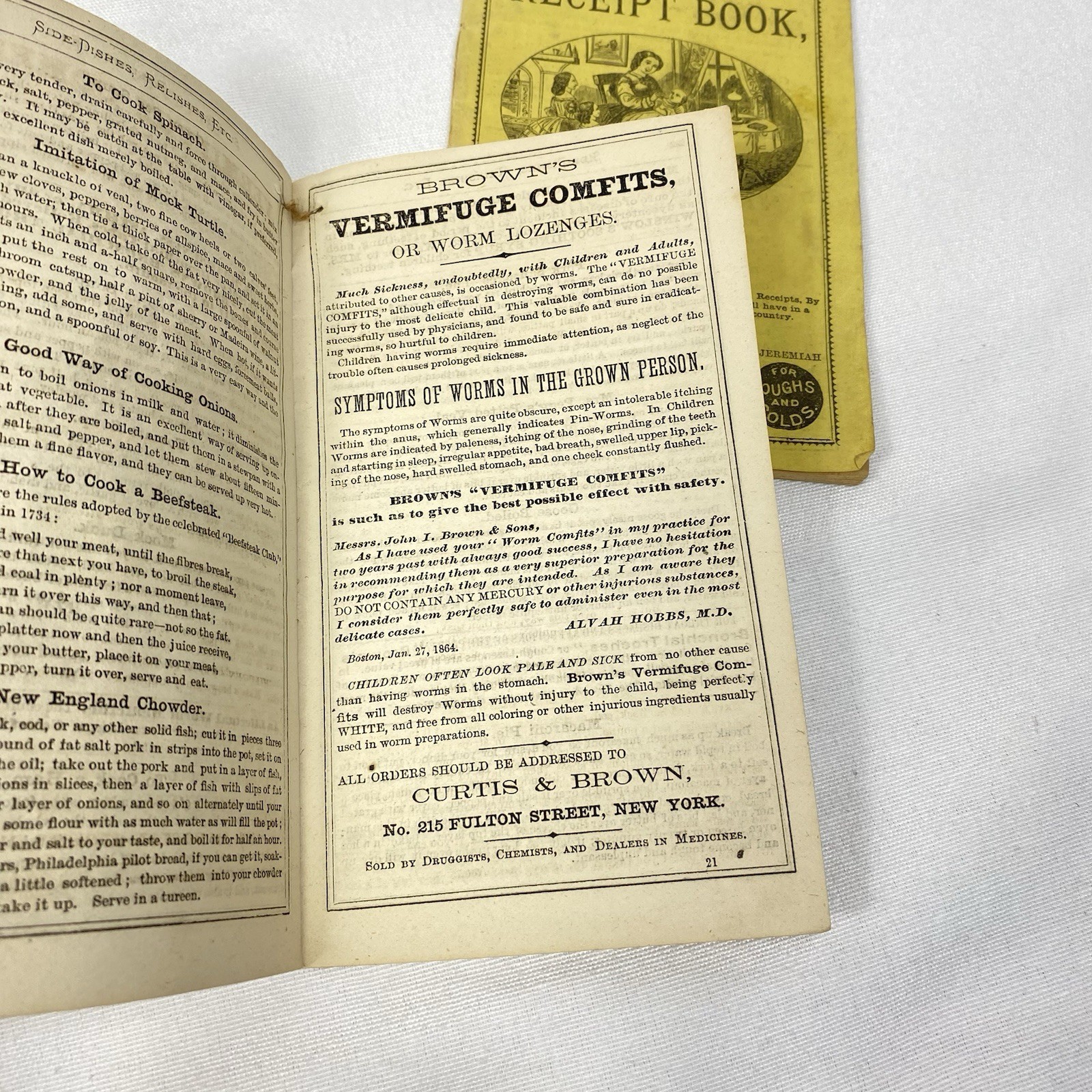 Lot of 2 Mrs Winslow’s Receipt Books 1872, 1877 Brown’s Bronchial Troches