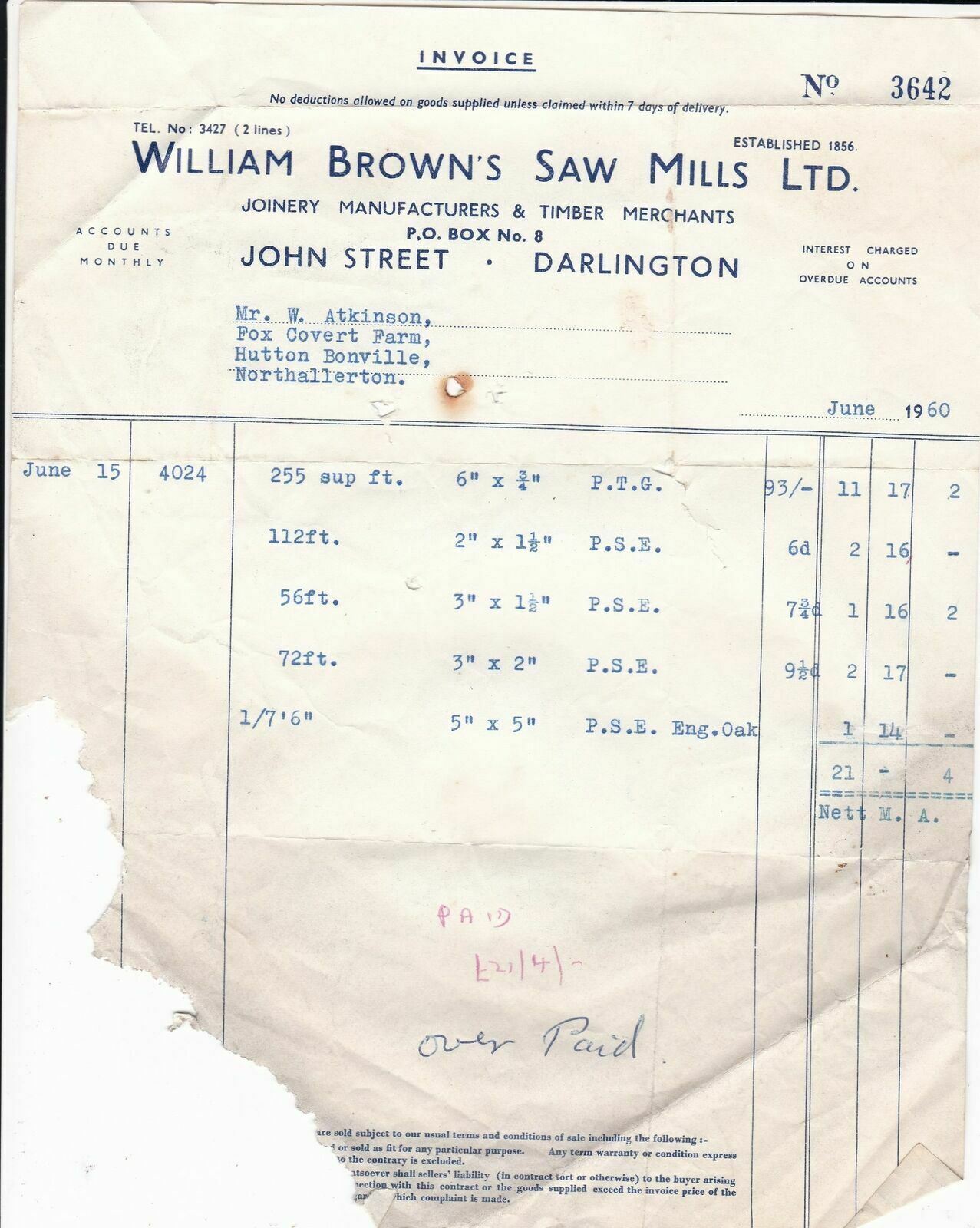 William Browns Saw Mills Ltd. Darlington 1960 Timber Merchants Invoice Ref 37959