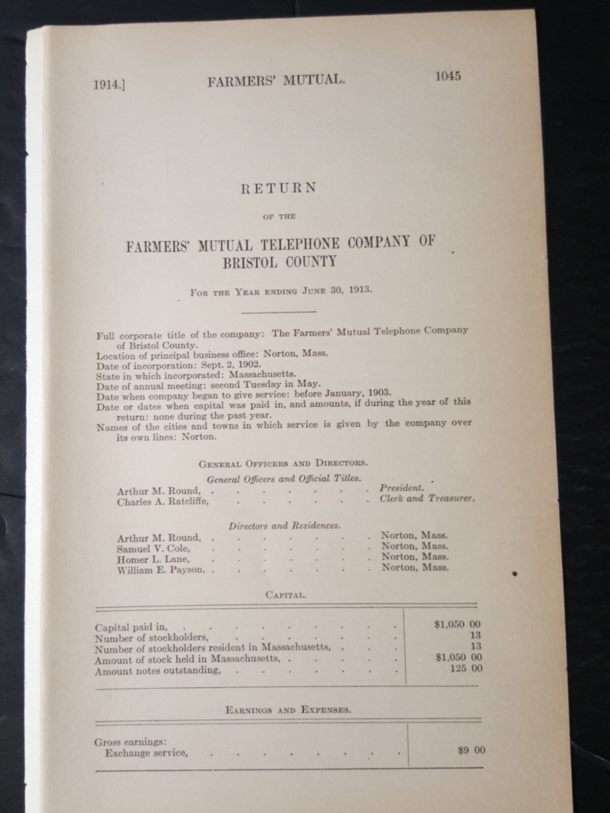 1913 Report FARMERS MUTUAL TELEPHONE COMPANY of Bristol County Massachusetts