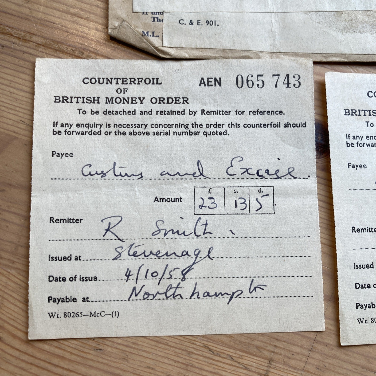 1958 British Money Order Counterfoils & Envelope