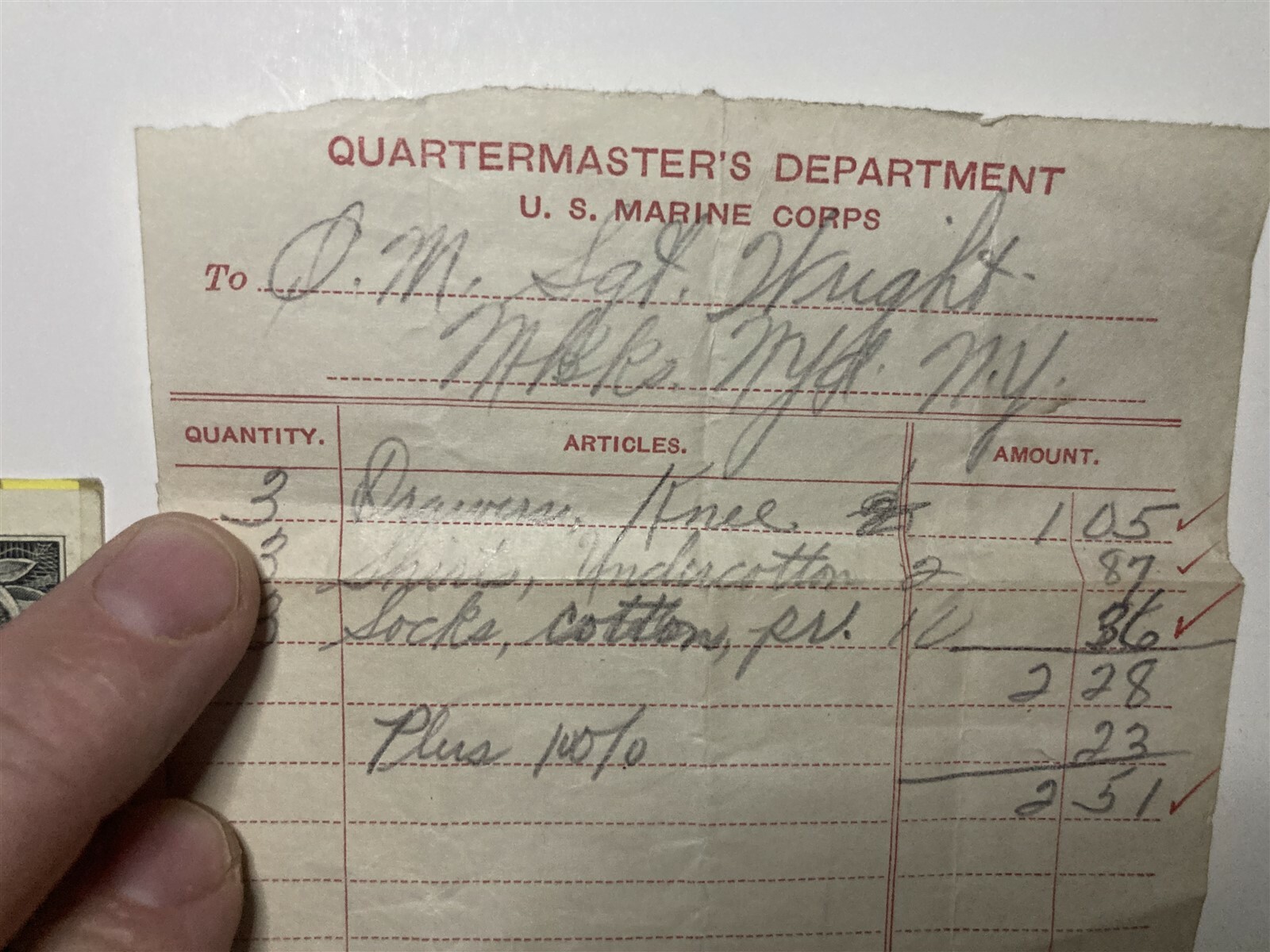 1924 United States Marine Corps Quartermasters Department Uniform Receipt USMC