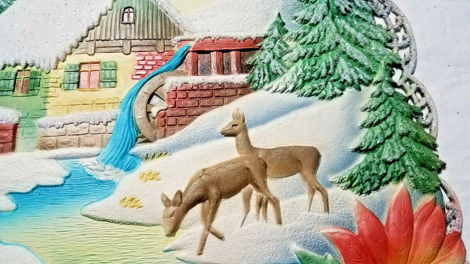 Vintage Embossed German Christmas Farmhouse w/1956 Calendar 15 1/2″ x 21″ DieCut