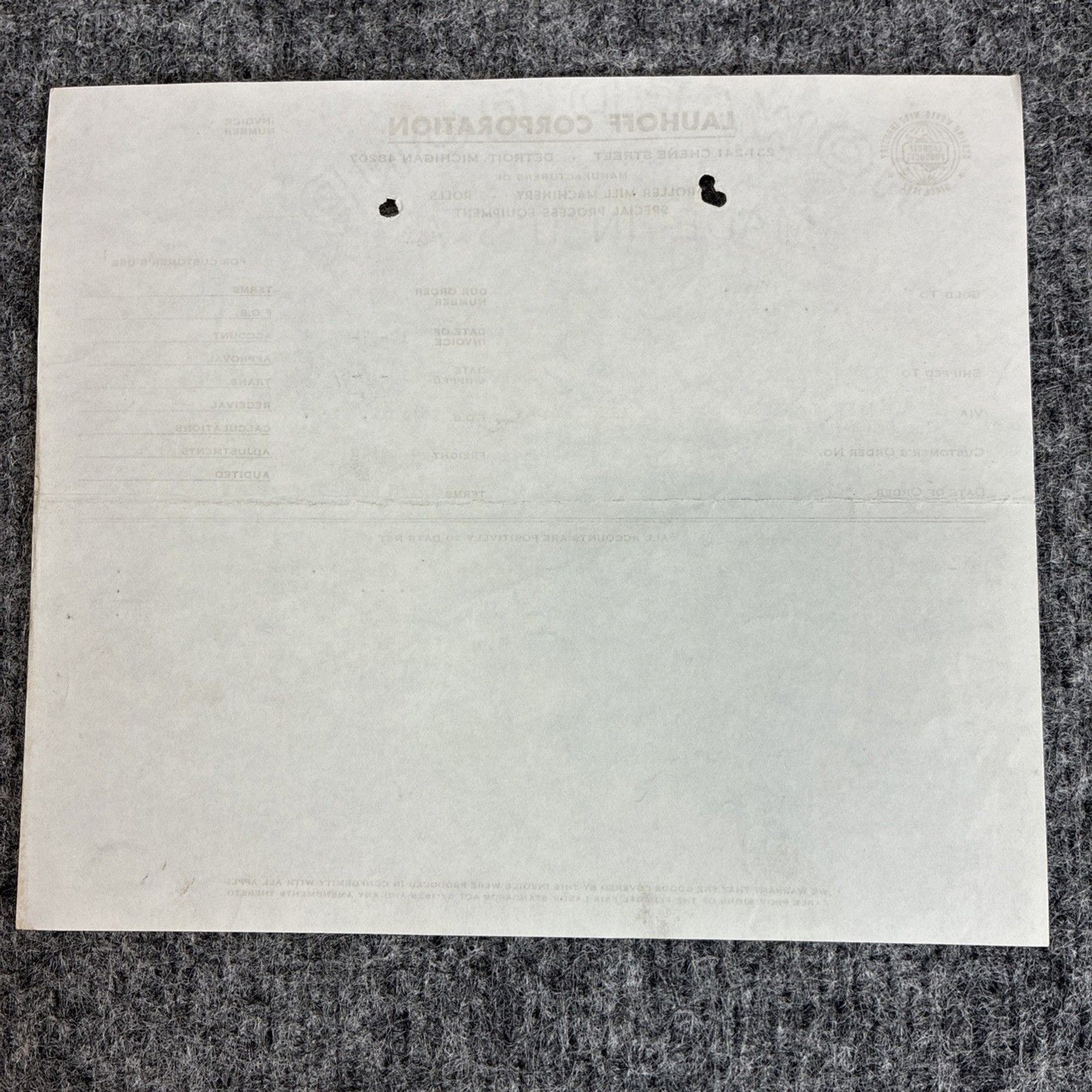 1967 Lauhoff Corp Invoice SXF-4 Stem Crusher Blades to M Marsh Cigar Co WV