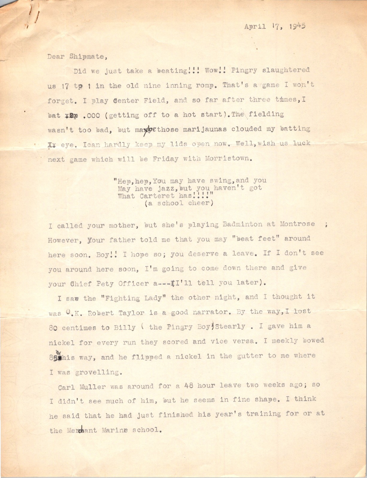 WWII Navy Letter 1945 Oliver Deane 2Pg Typed Correspondence Folded Cream Tan