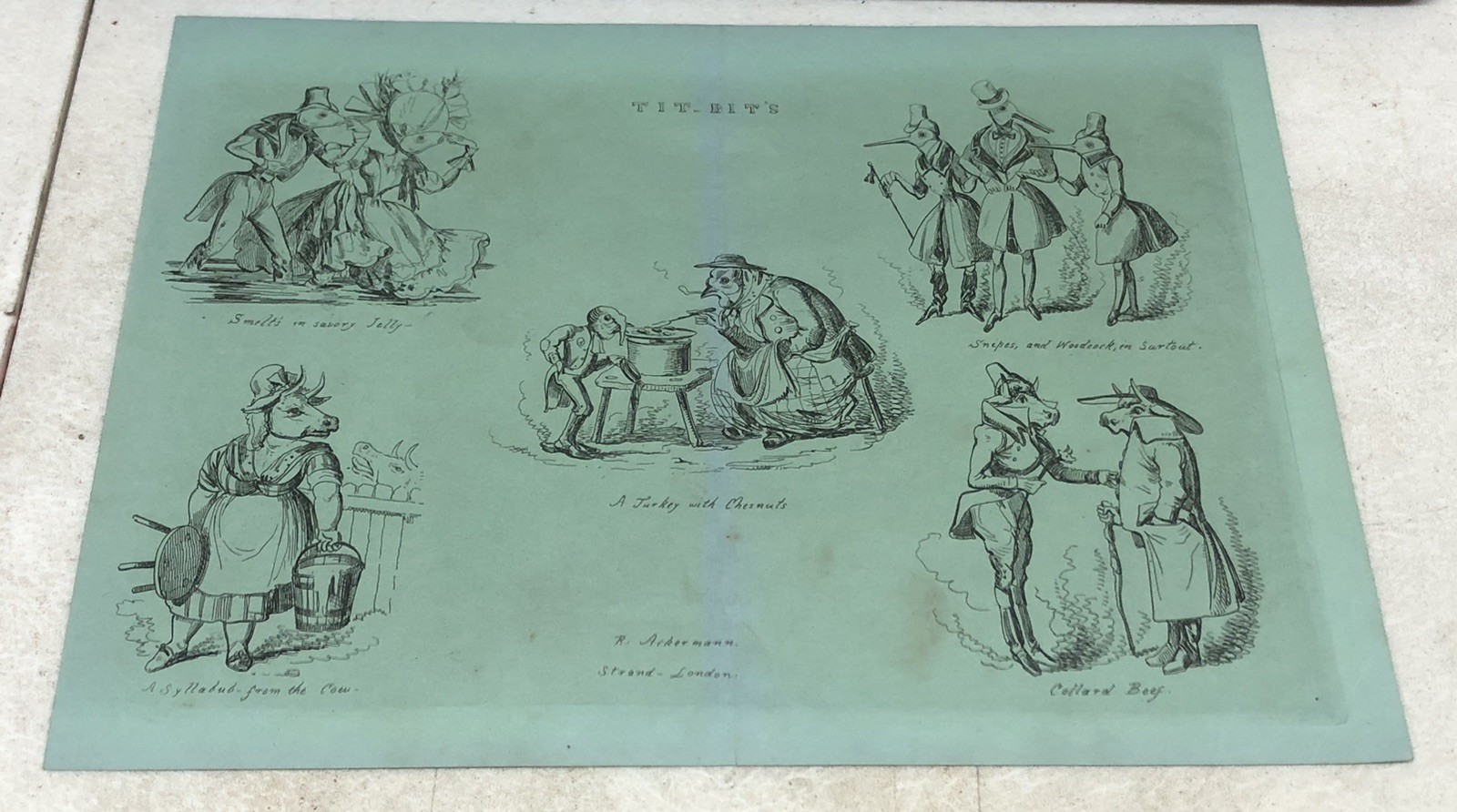Antique Page / Print – TIT-BIT’S Animal Caricatures Pub. by Ackermann c1830s? L2