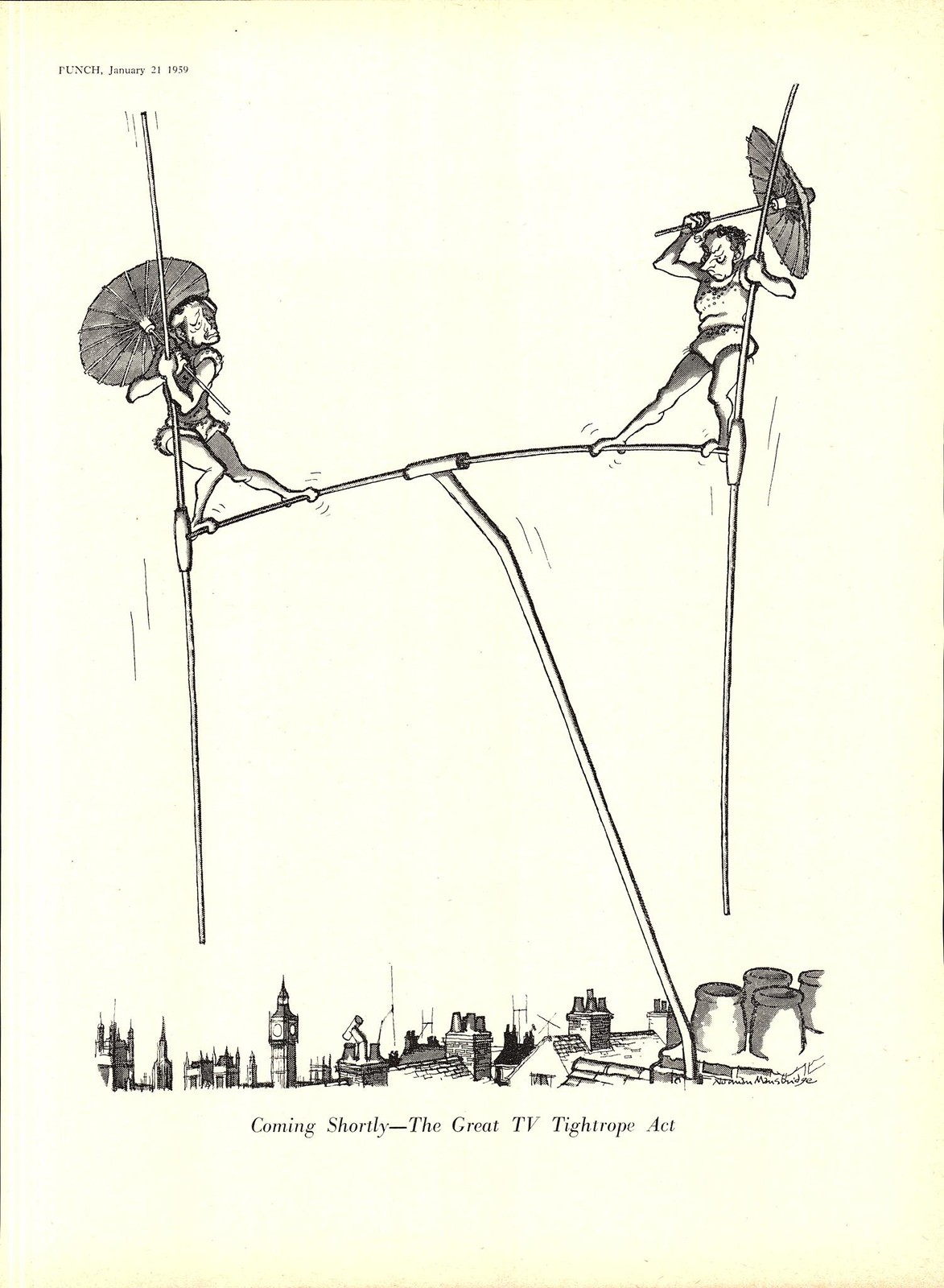 1959 Punch Cartoon Print MacMillan ‘Coming Shortly, The Great TV Tightrope Act’