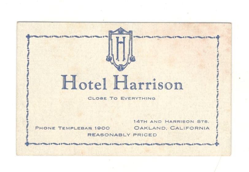 Vintage Hotel Harrison 14th & Harrison Oakland CA 2 Sided Business Card MX3