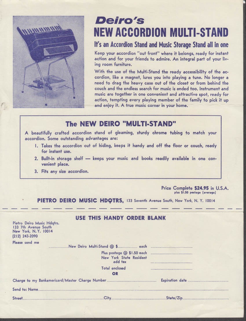 Deiro’s New Accordion Multi-Stand sell sheet / order blank 1960s