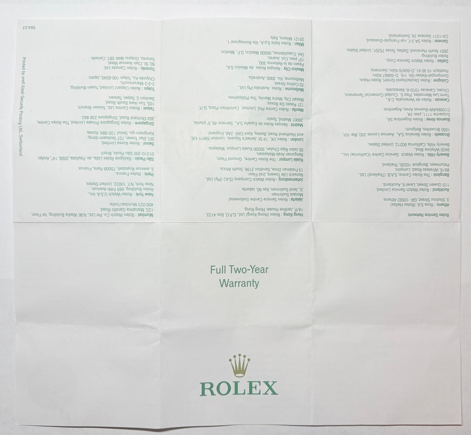 OEM Rolex 79174 Lady-Datejust Warranty Certificate Guarantee 2000s Y Serial