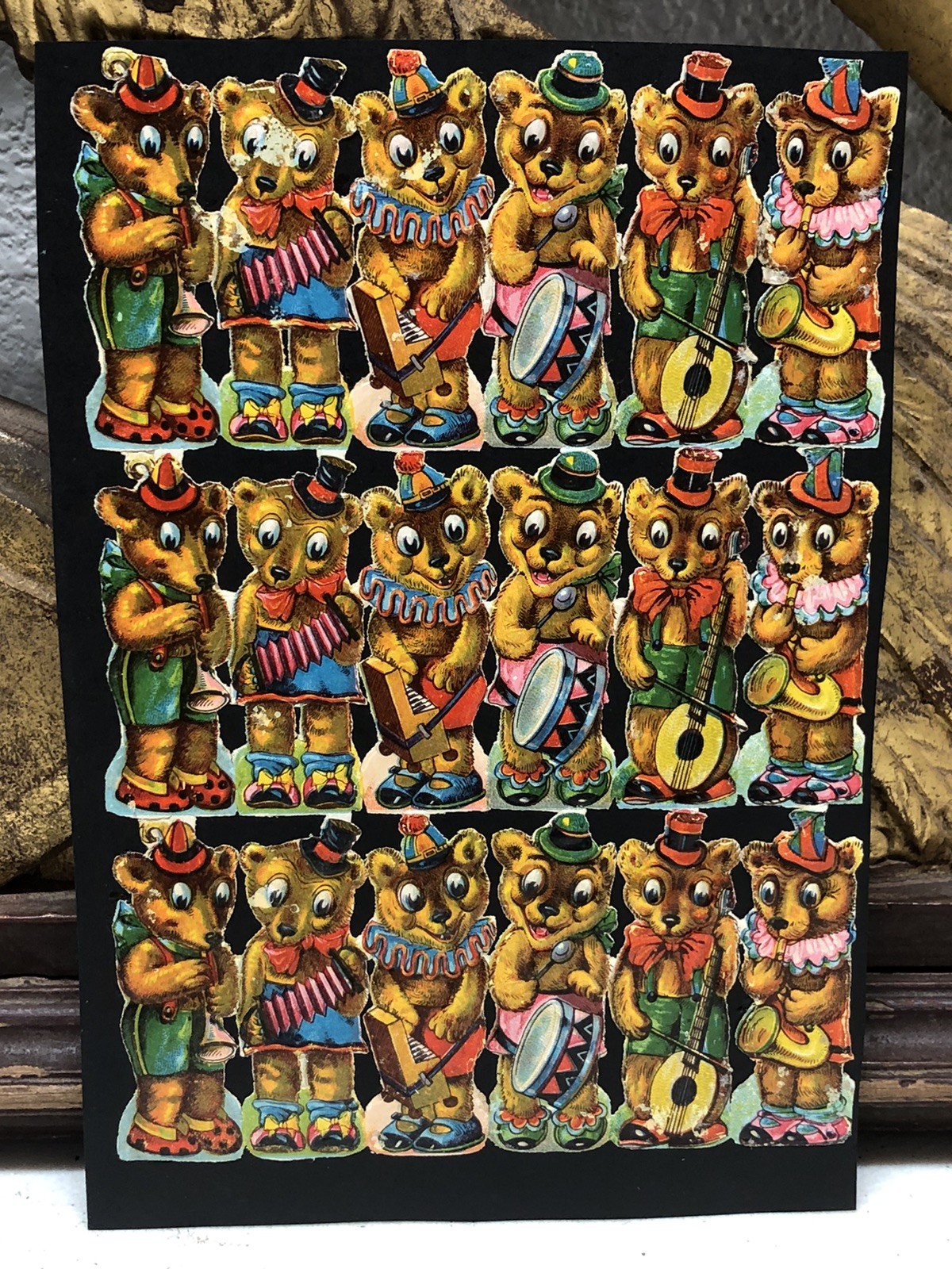 Young Bears Musician & Baby Chicks Die Cut Scraps Glued on Paper Double Sided L6