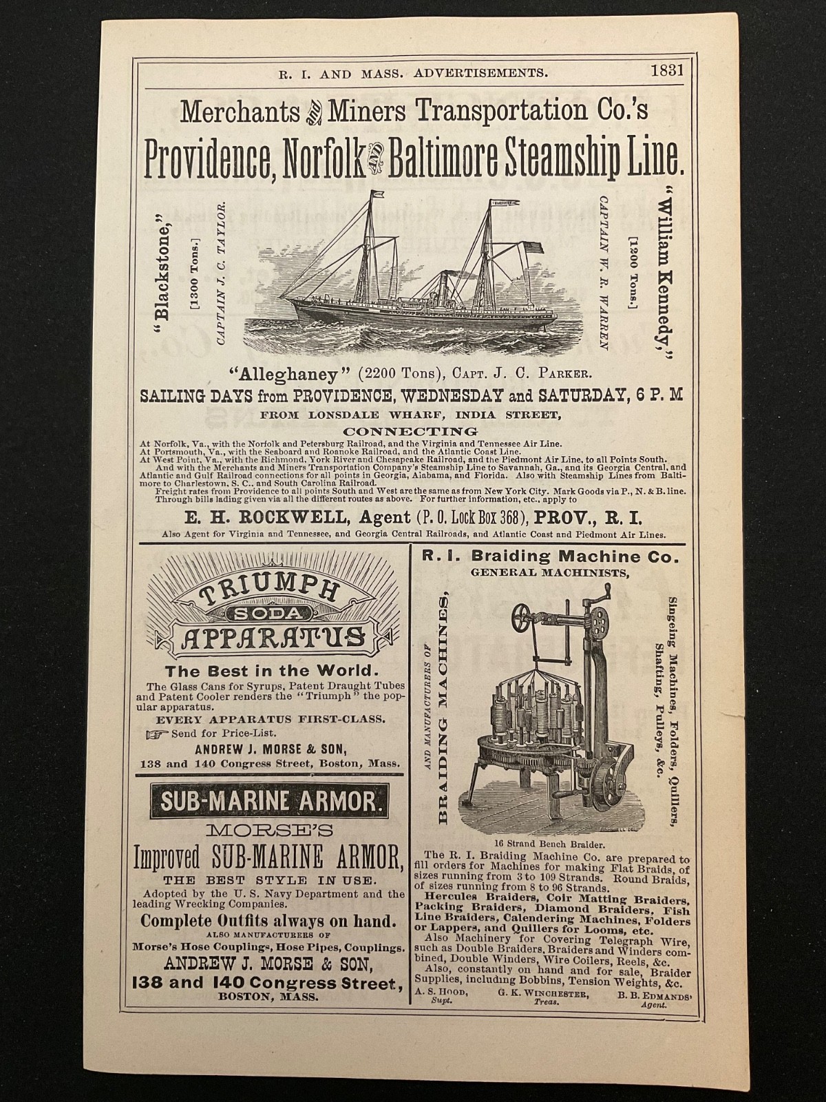 1883 Antique Ad Page Merchants & Miners Steamship Line RI, Morse Submarine Armor