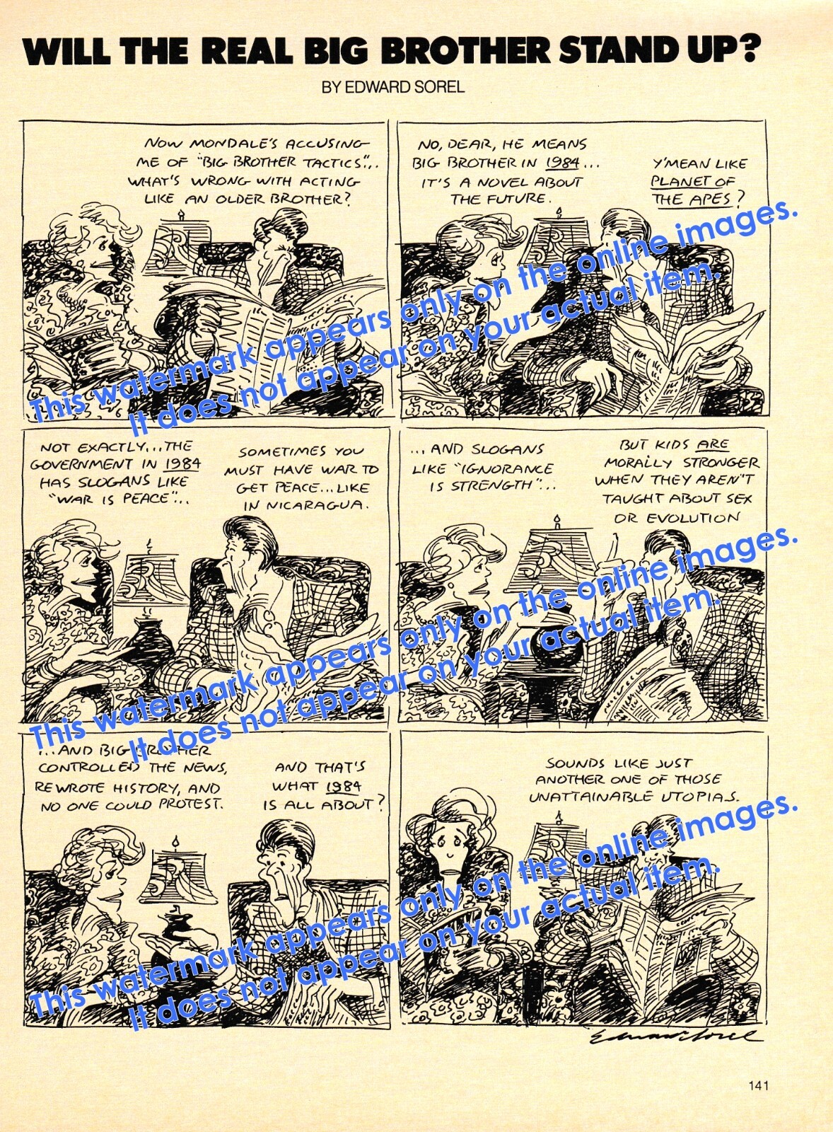 1984 Vintage Political Cartoon Big Brother Edward Sorel Art Reagan Print Article