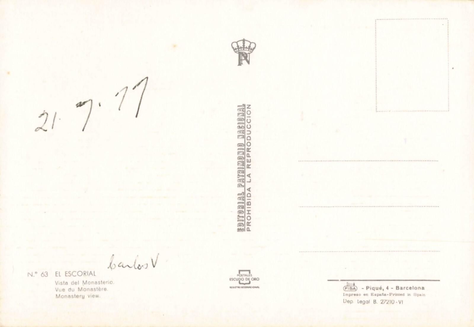 Postcard Spain El Escorial Monastery c. 1977