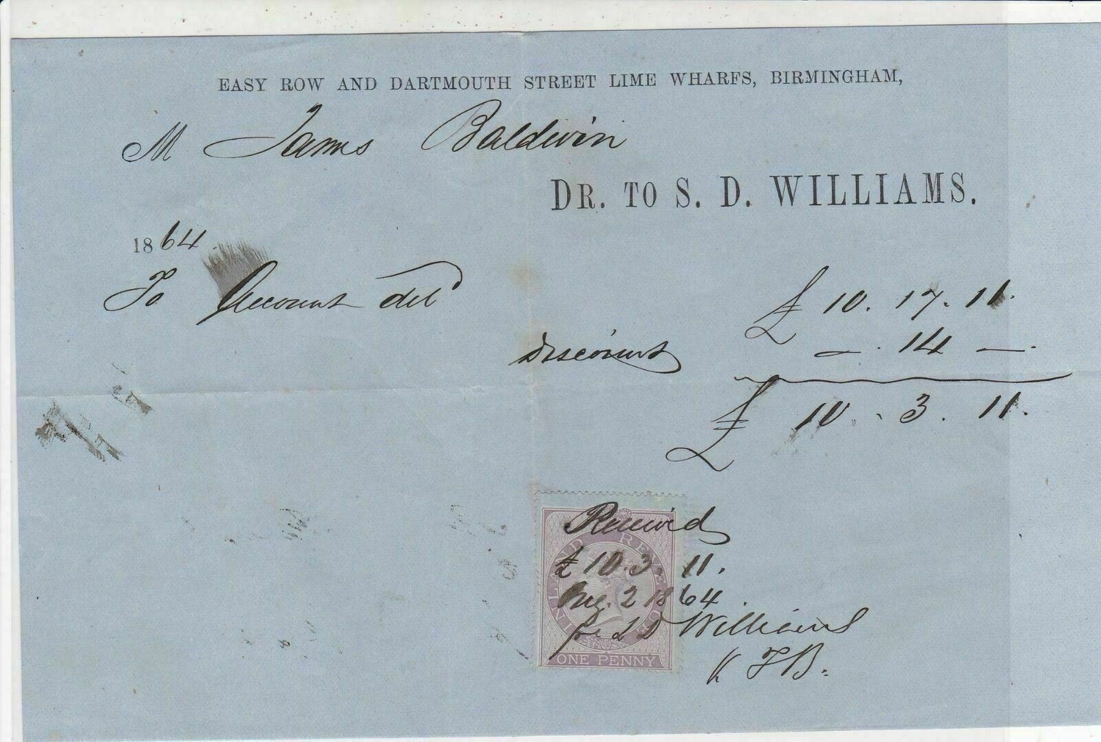 James Baldwin Dr to S.D. Williams Easy Row Bham1864 Stamp Receipt Ref 33037