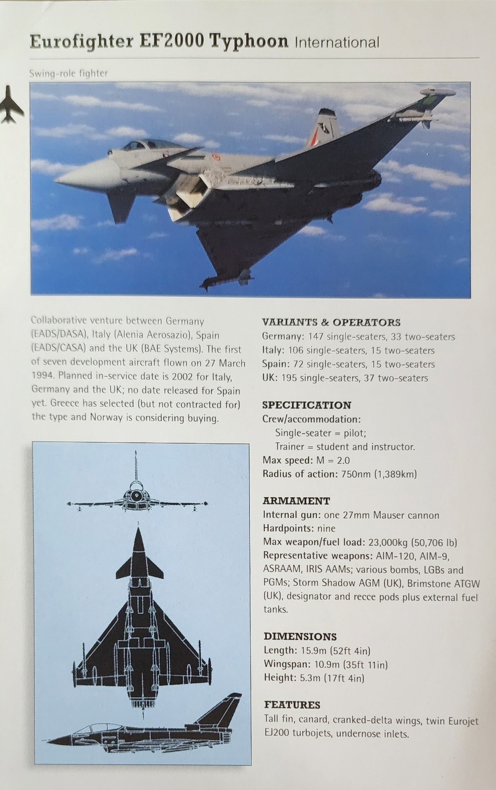 Eurofighter EF 2000 Typhoon Picture Original Vtg Aircraft Article Info Sheet